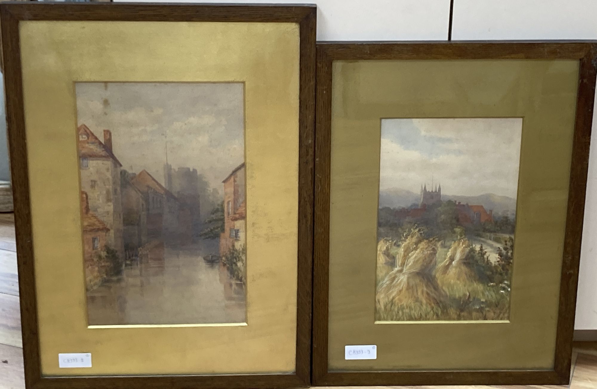 English School c.1900, two watercolours, Westgate Tower, River Stour, Canterbury, and St Leonards Church, Hythe, Kent, 40 x 25cm and